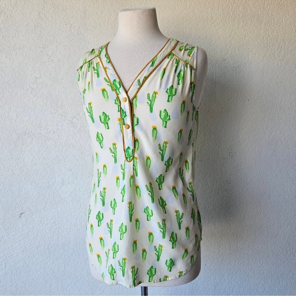 ModCloth Cafe au Soleil White Green Cactus Desert Tank Top Piped Rayon S Small